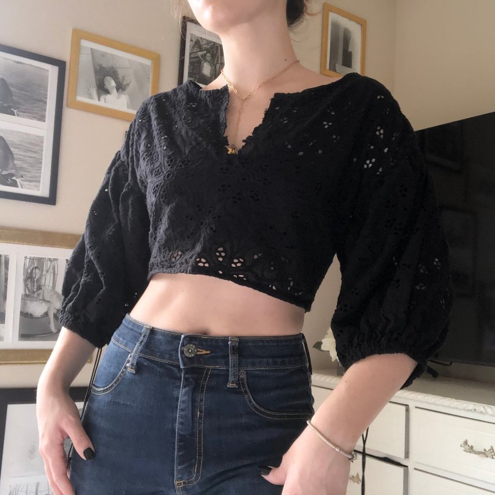Crop black balloon sleeve top XS lace up - Picture 3 of 4